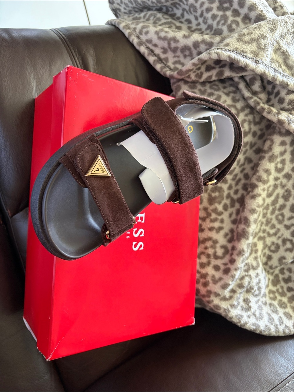 Guess Brown Suede Double-Strap Sandals with Gold Accents